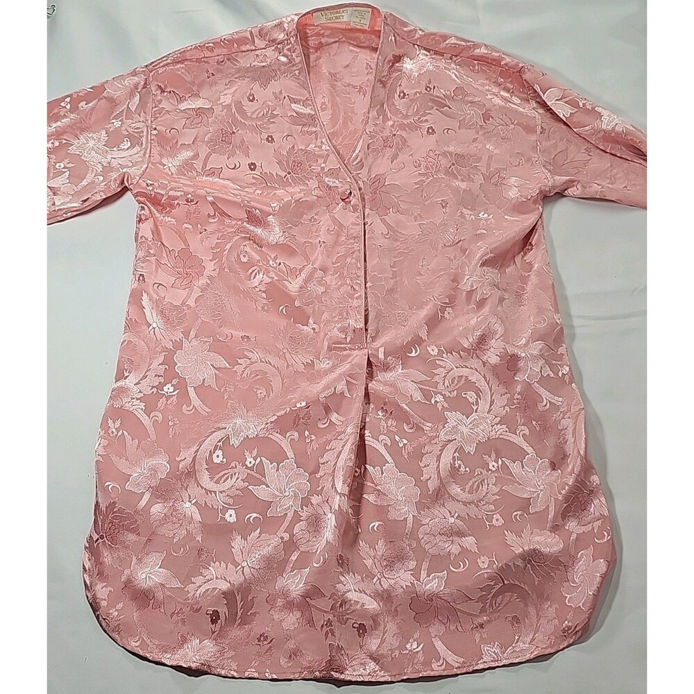 Vintage Victoria's Secret Gold Label S Pink Floral Satin Night Shirt Embossed